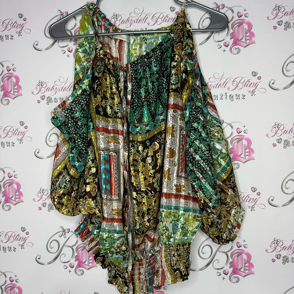 Costa Blanca open shoulder blouse top shirt paisley boho silky shimmer keyhole